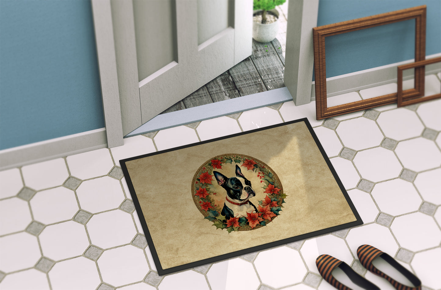 Boston Terrier Christmas Flowers Doormat