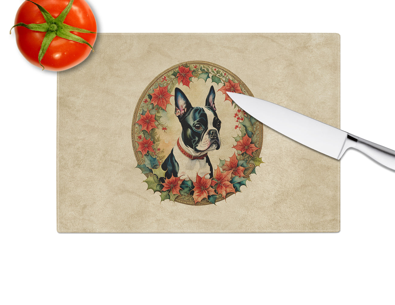 Boston Terrier Christmas Flowers Glass Cutting Board