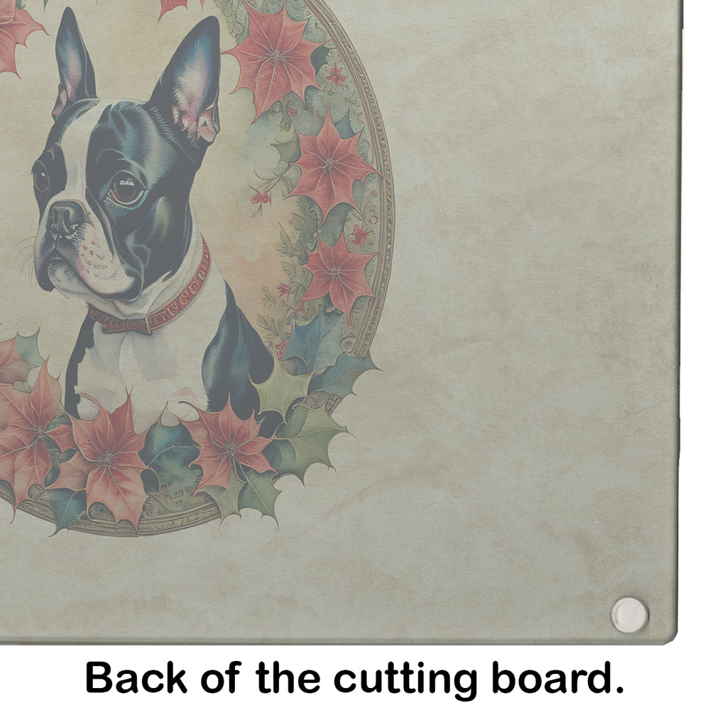 Boston Terrier Christmas Flowers Glass Cutting Board