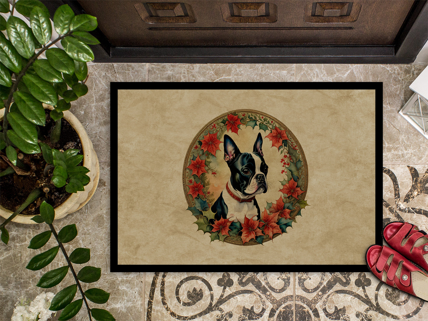 Boston Terrier Christmas Flowers Doormat