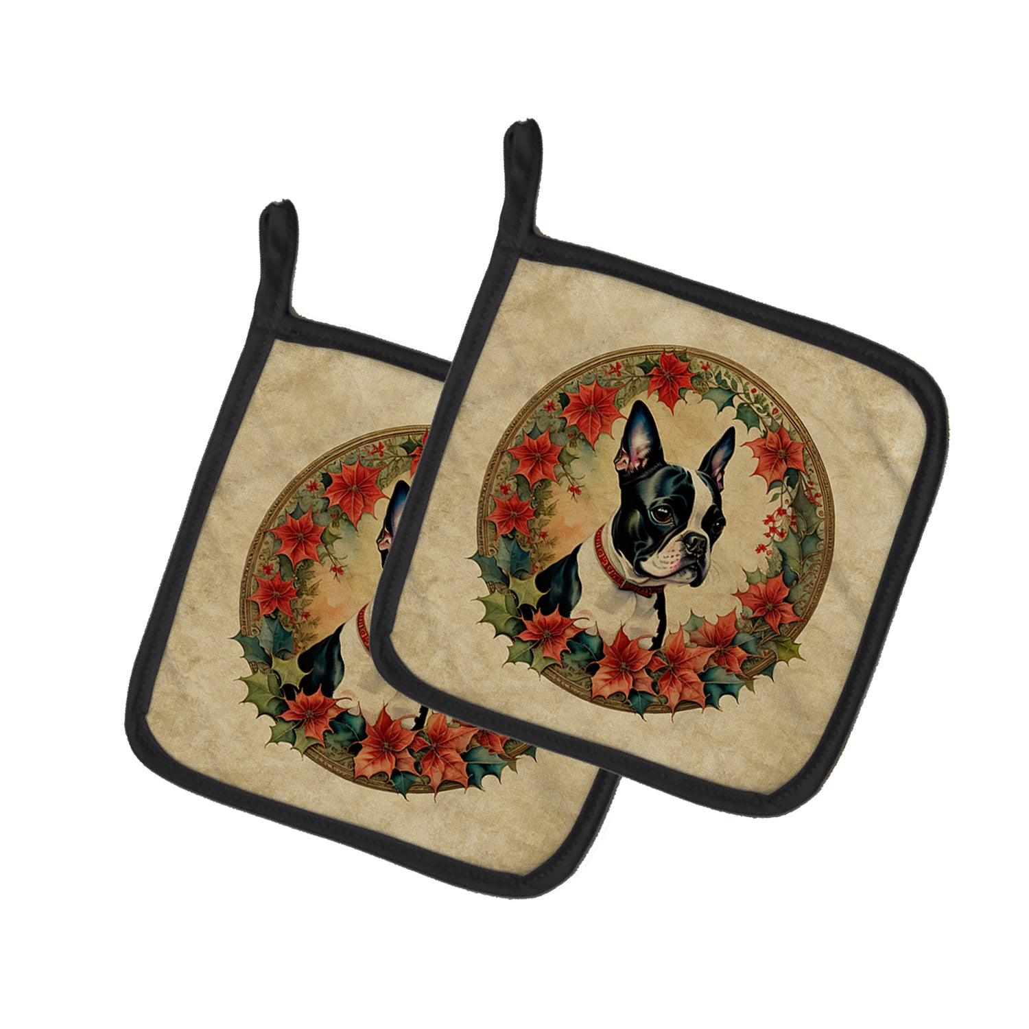 Buy this Boston Terrier Christmas Flowers Pair of Pot Holders