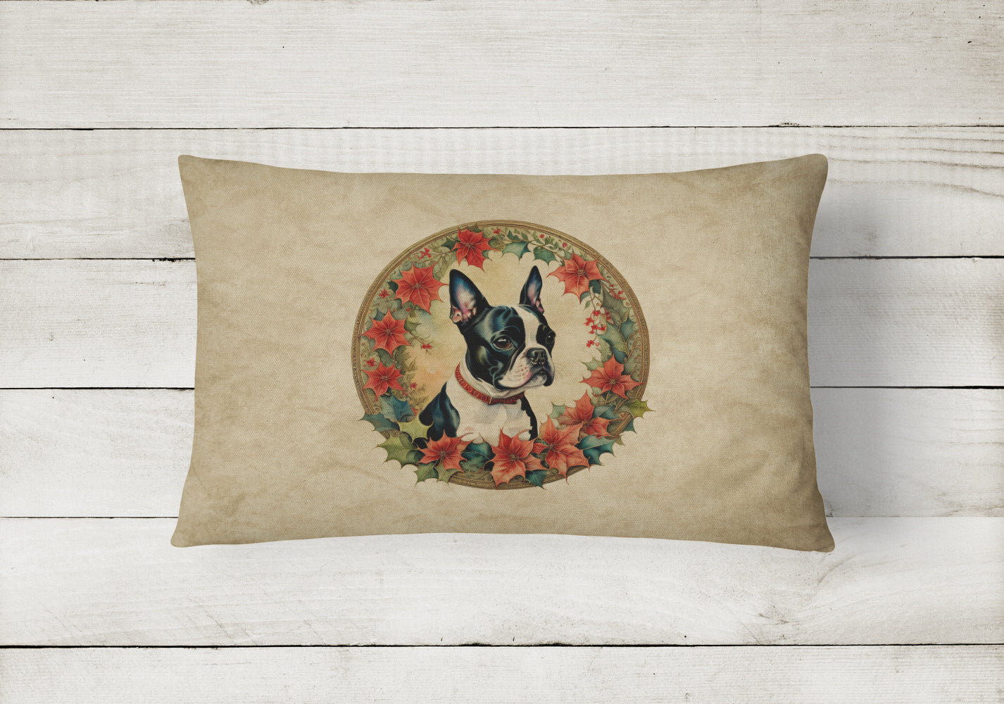 Boston Terrier Christmas Flowers Throw Pillow