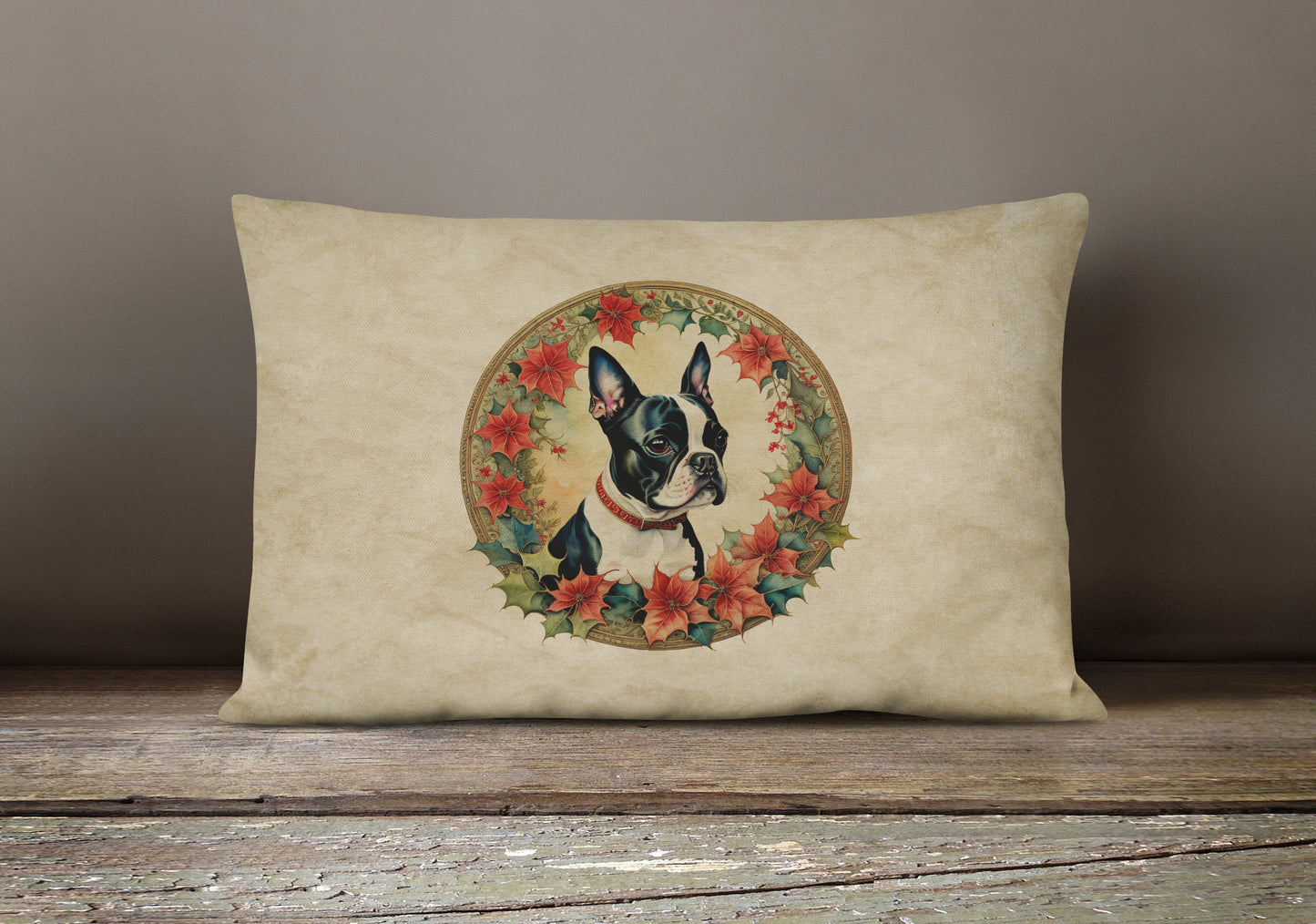 Boston Terrier Christmas Flowers Throw Pillow