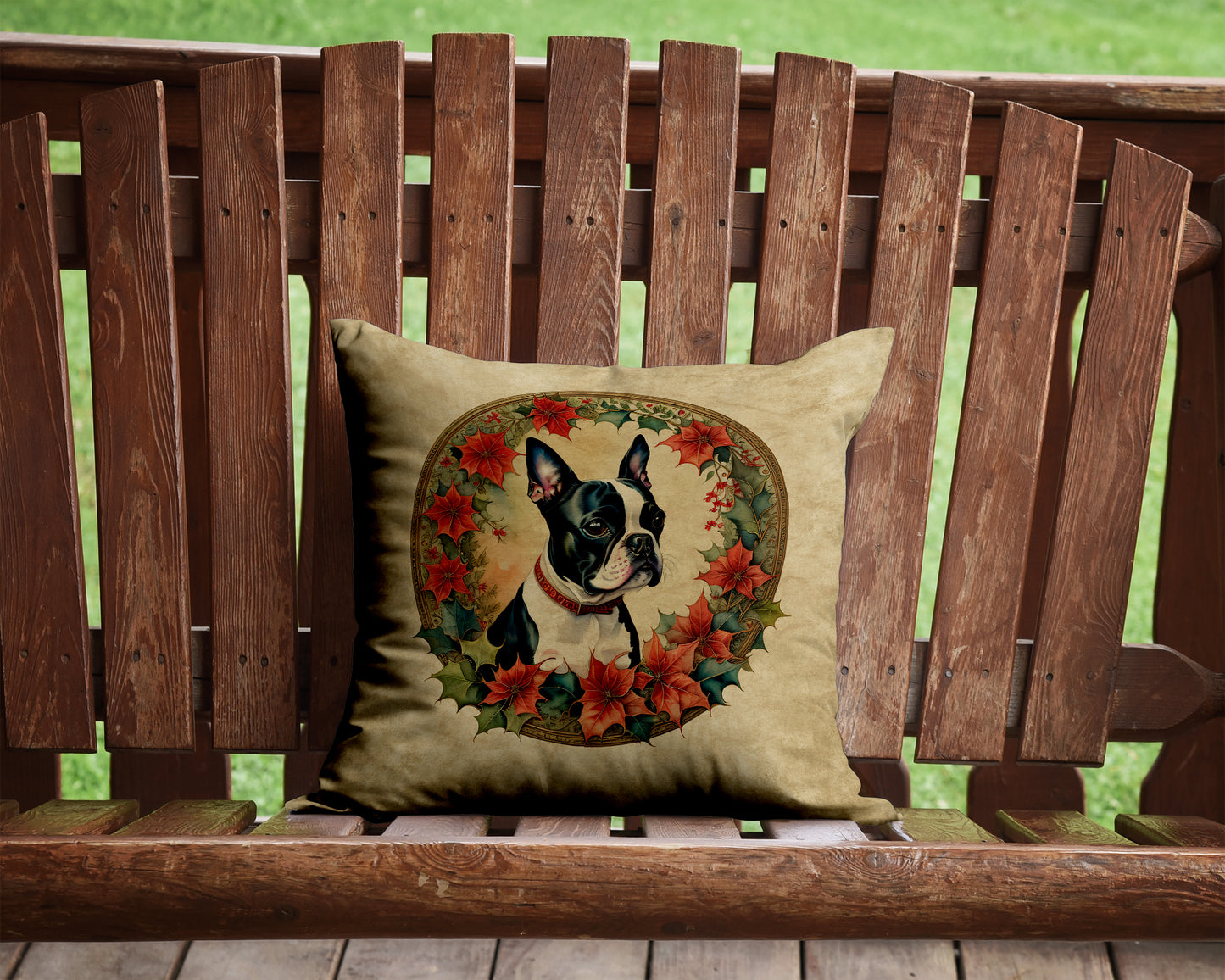 Boston Terrier Christmas Flowers Throw Pillow