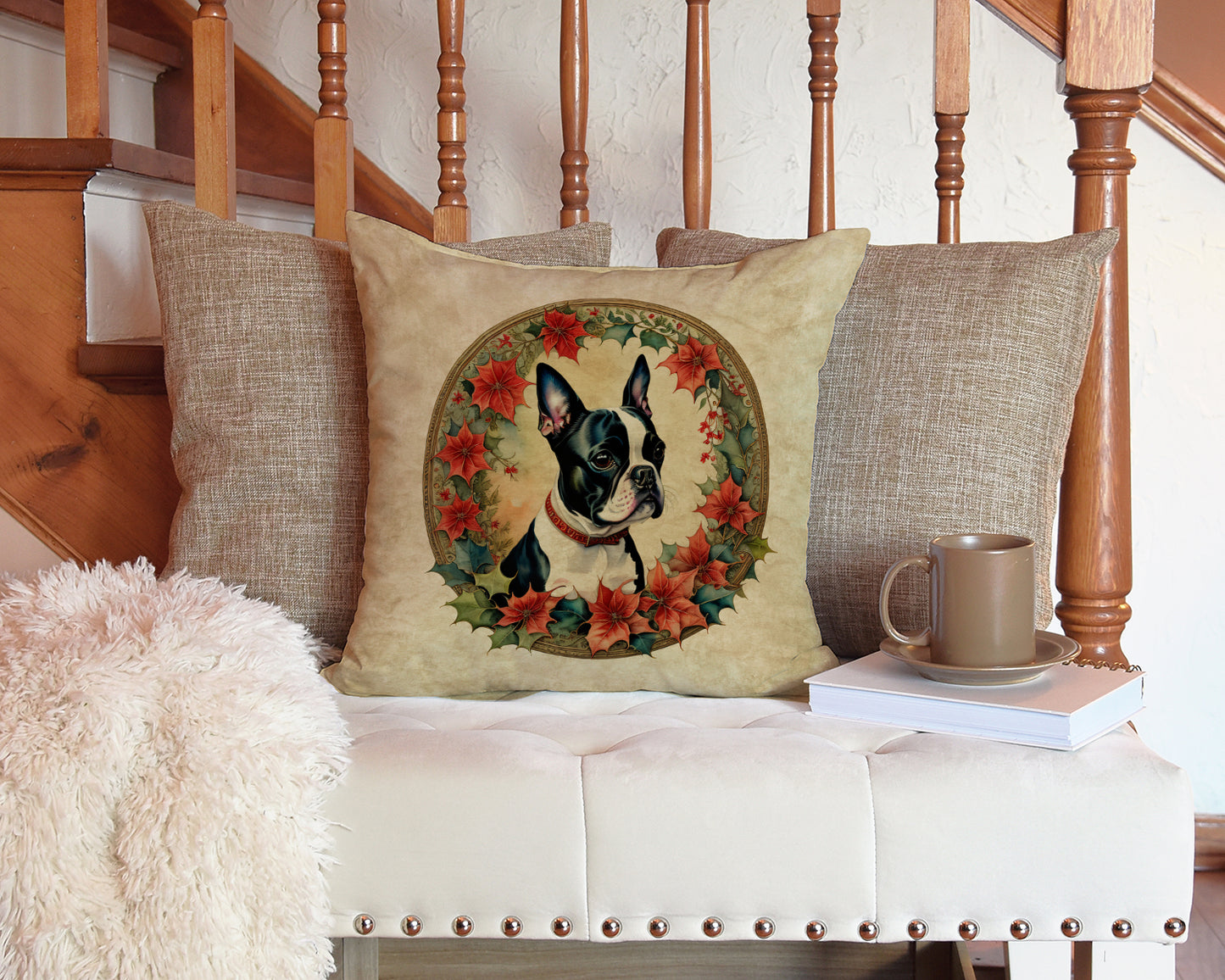 Boston Terrier Christmas Flowers Throw Pillow