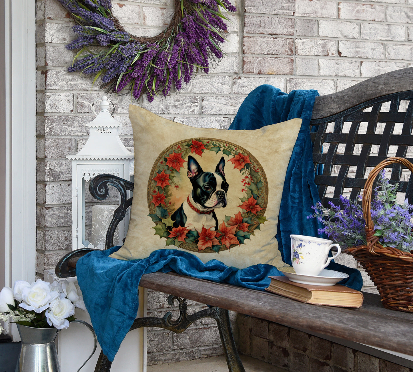 Boston Terrier Christmas Flowers Throw Pillow