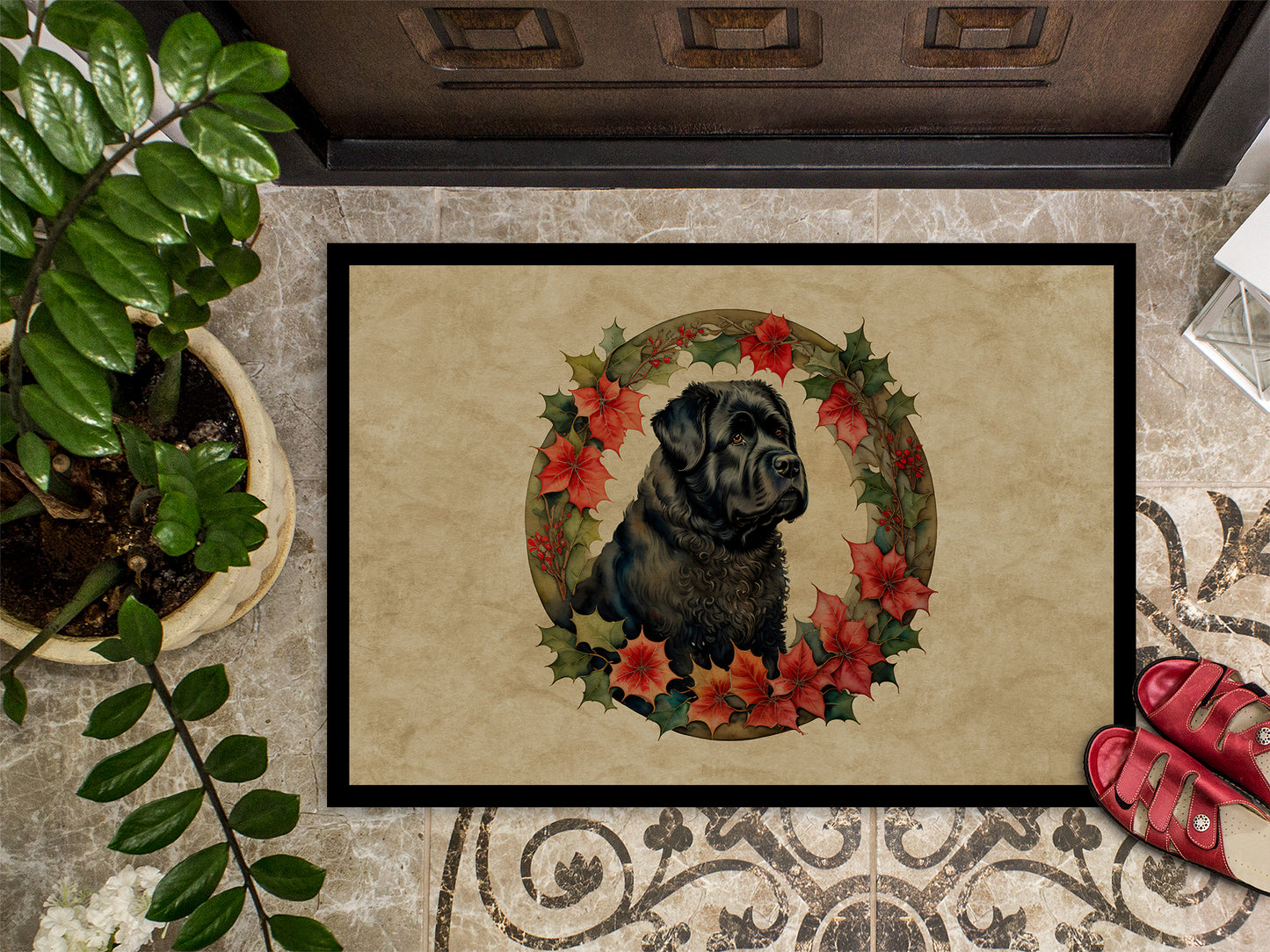 Bouvier des Flandres Christmas Flowers Doormat