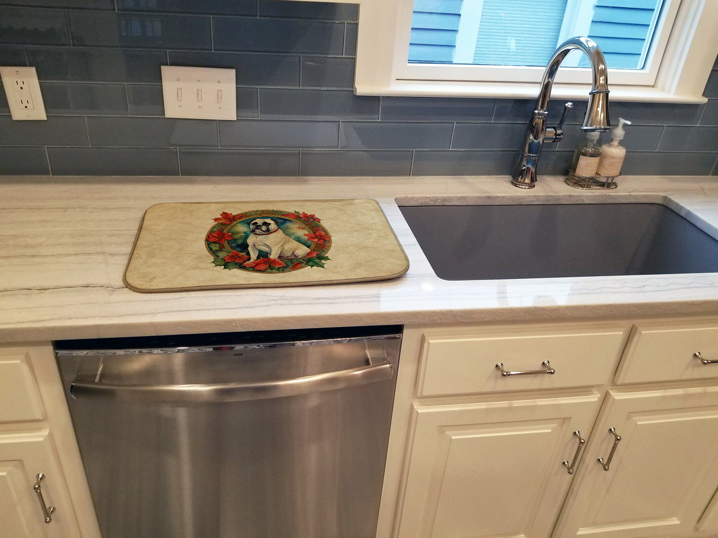 White Boxer Christmas Flowers Dish Drying Mat