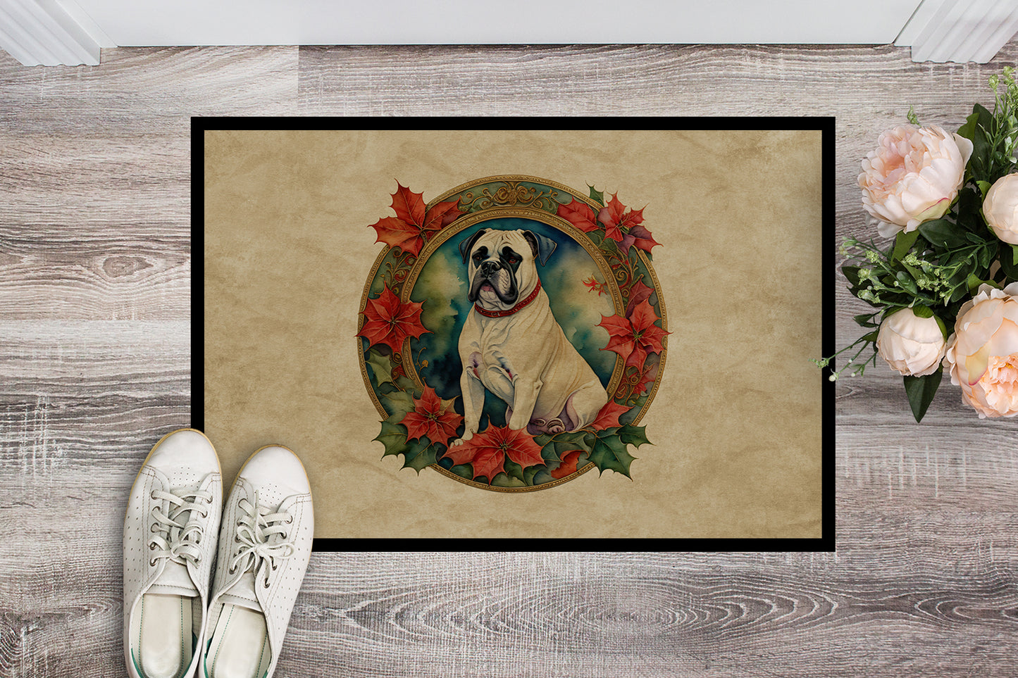 White Boxer Christmas Flowers Doormat