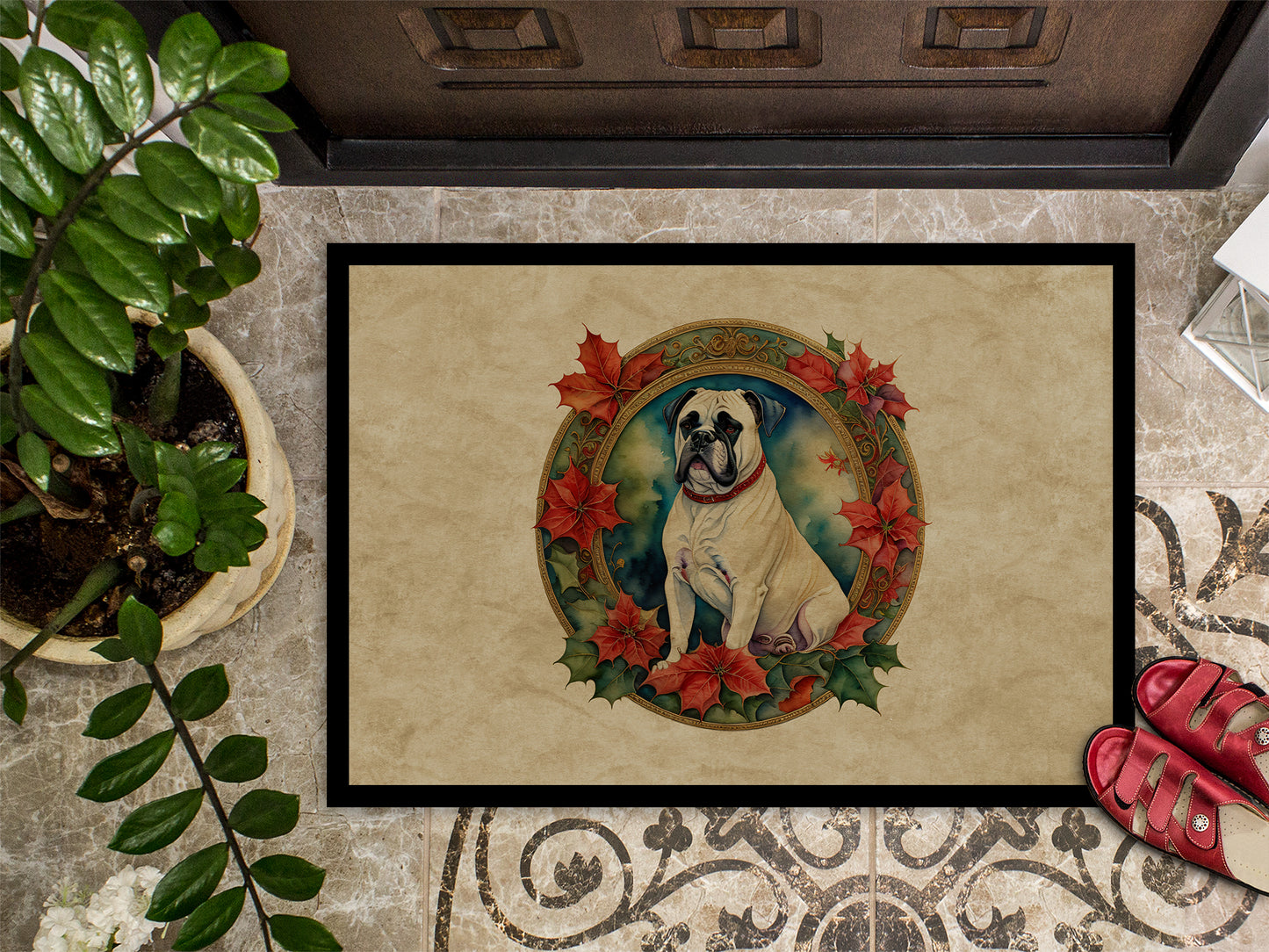 White Boxer Christmas Flowers Doormat