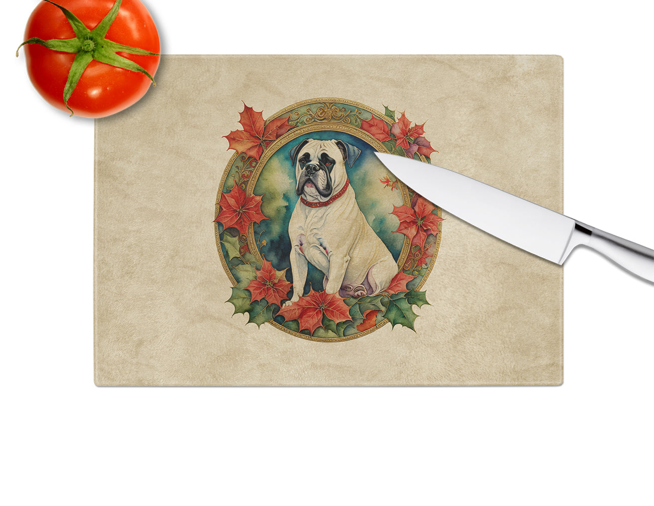 White Boxer Christmas Flowers Glass Cutting Board