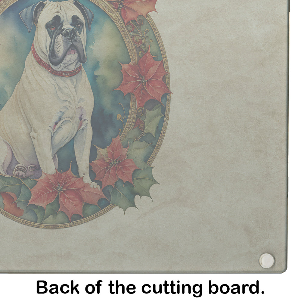 White Boxer Christmas Flowers Glass Cutting Board