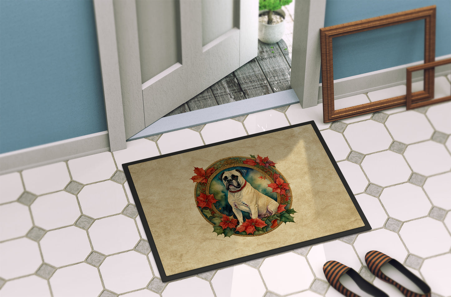 White Boxer Christmas Flowers Doormat