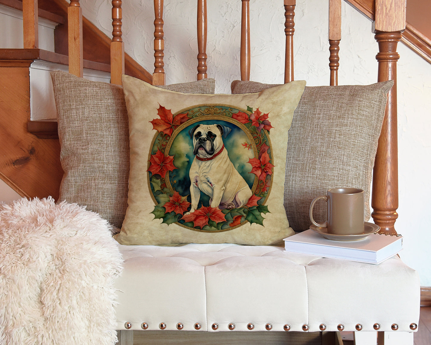 White Boxer Christmas Flowers Throw Pillow