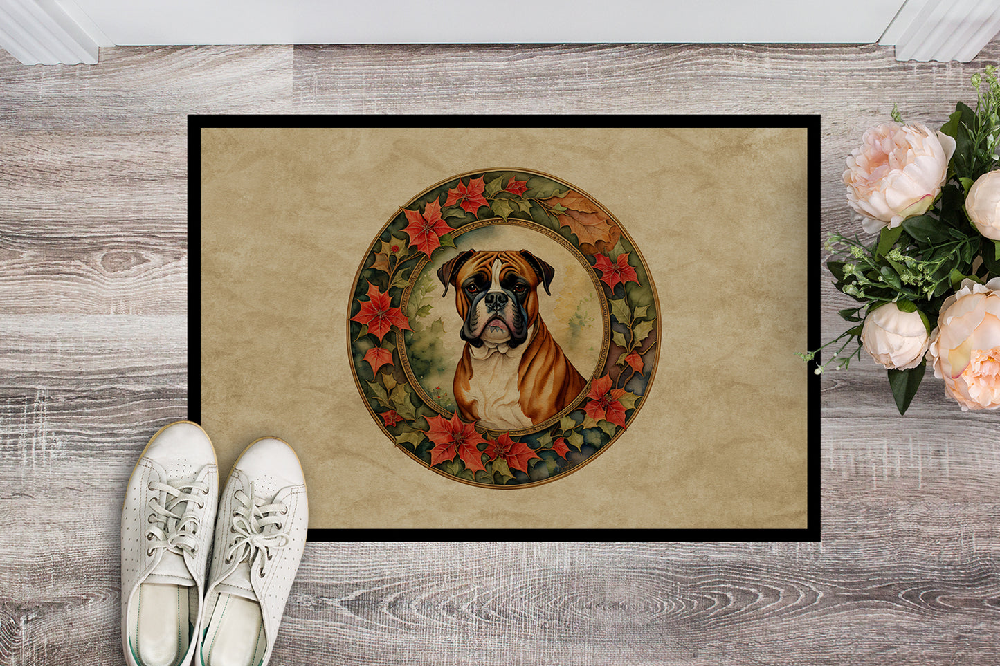 Boxer Christmas Flowers Doormat