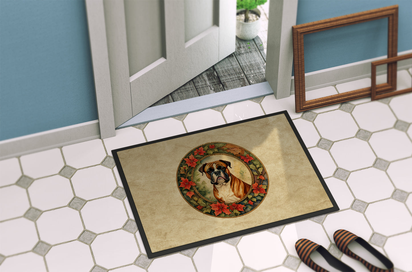 Boxer Christmas Flowers Doormat