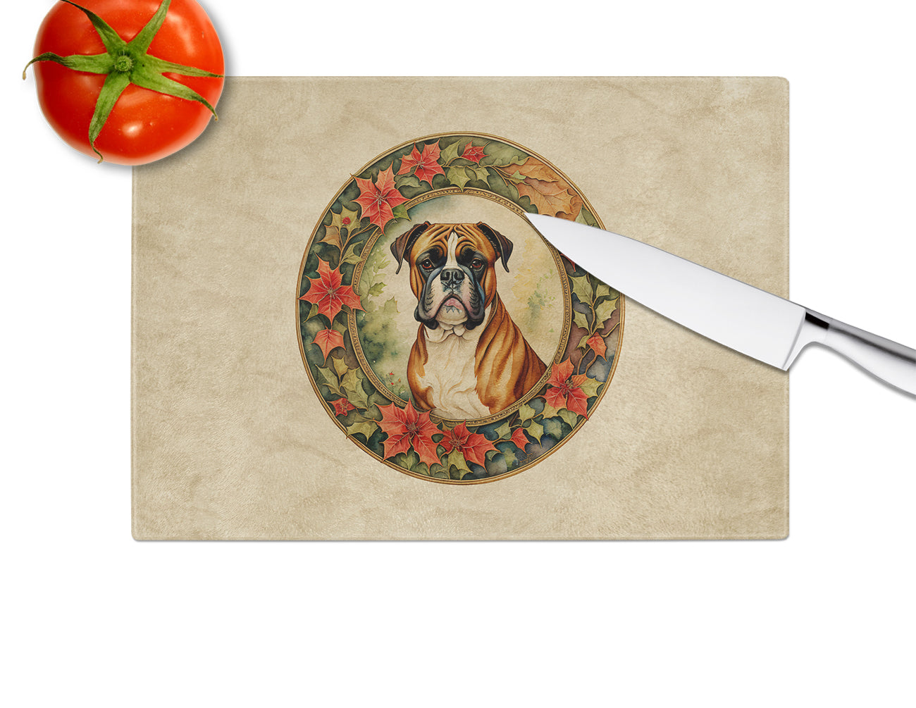 Boxer Christmas Flowers Glass Cutting Board