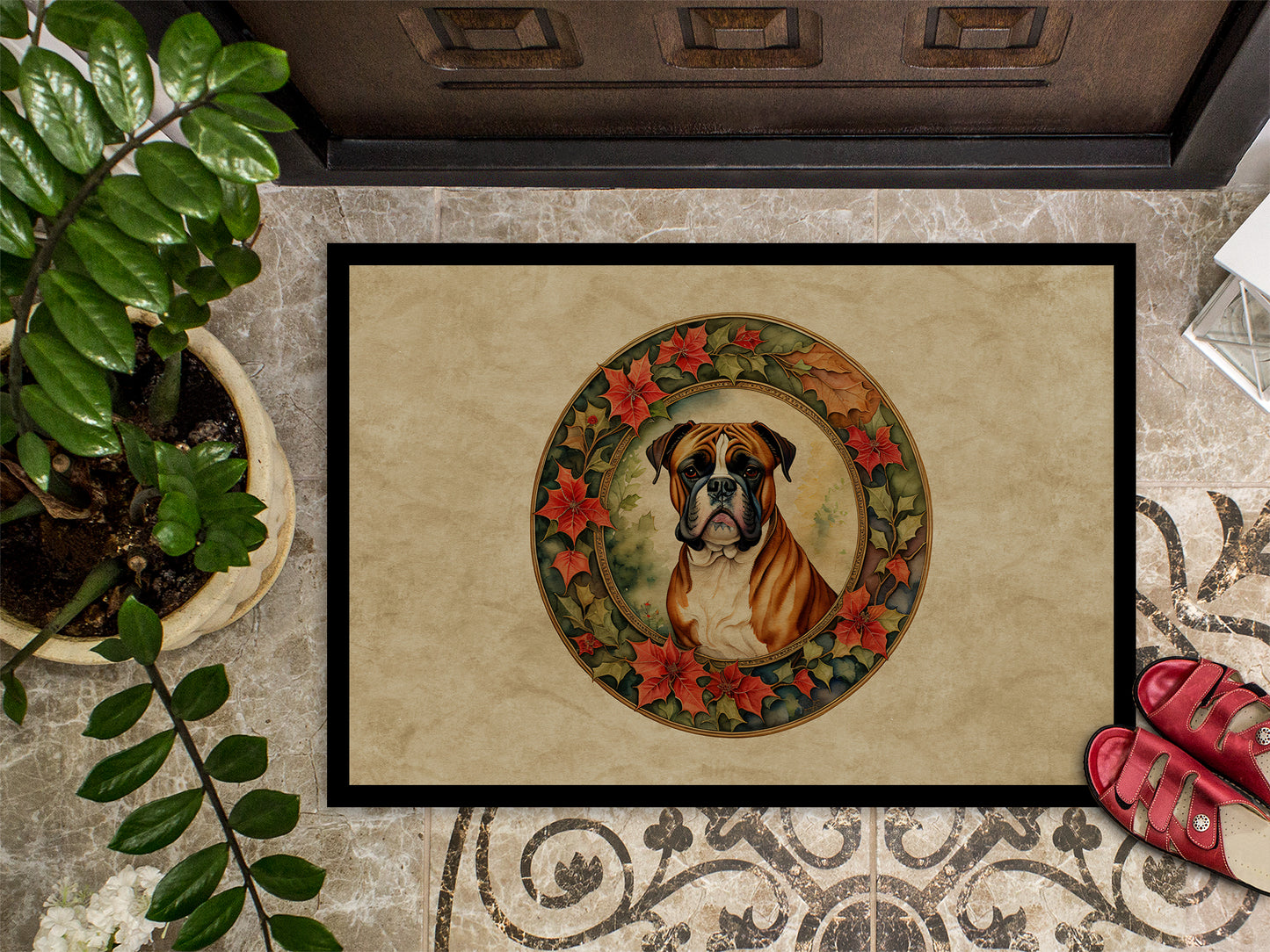 Boxer Christmas Flowers Doormat