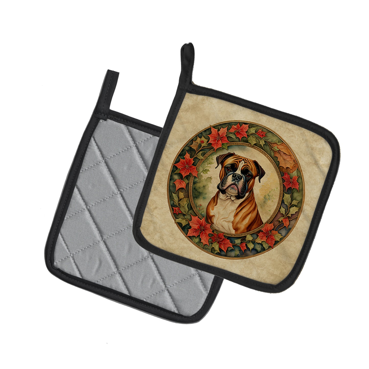 Boxer Christmas Flowers Pair of Pot Holders