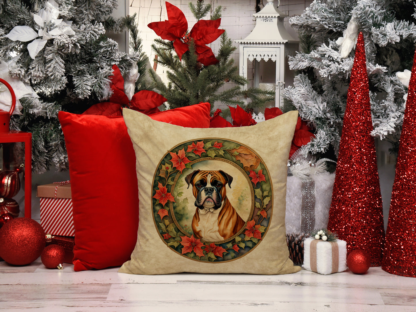 Boxer Christmas Flowers Throw Pillow