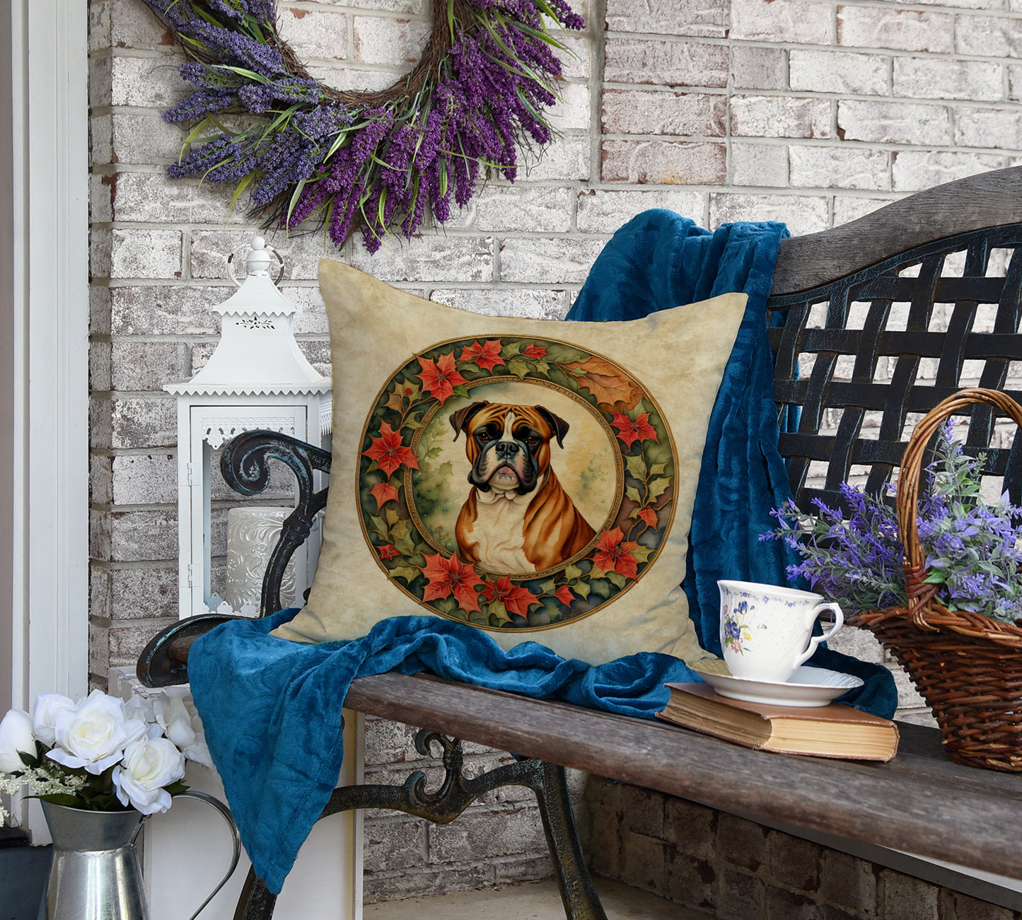 Boxer Christmas Flowers Throw Pillow