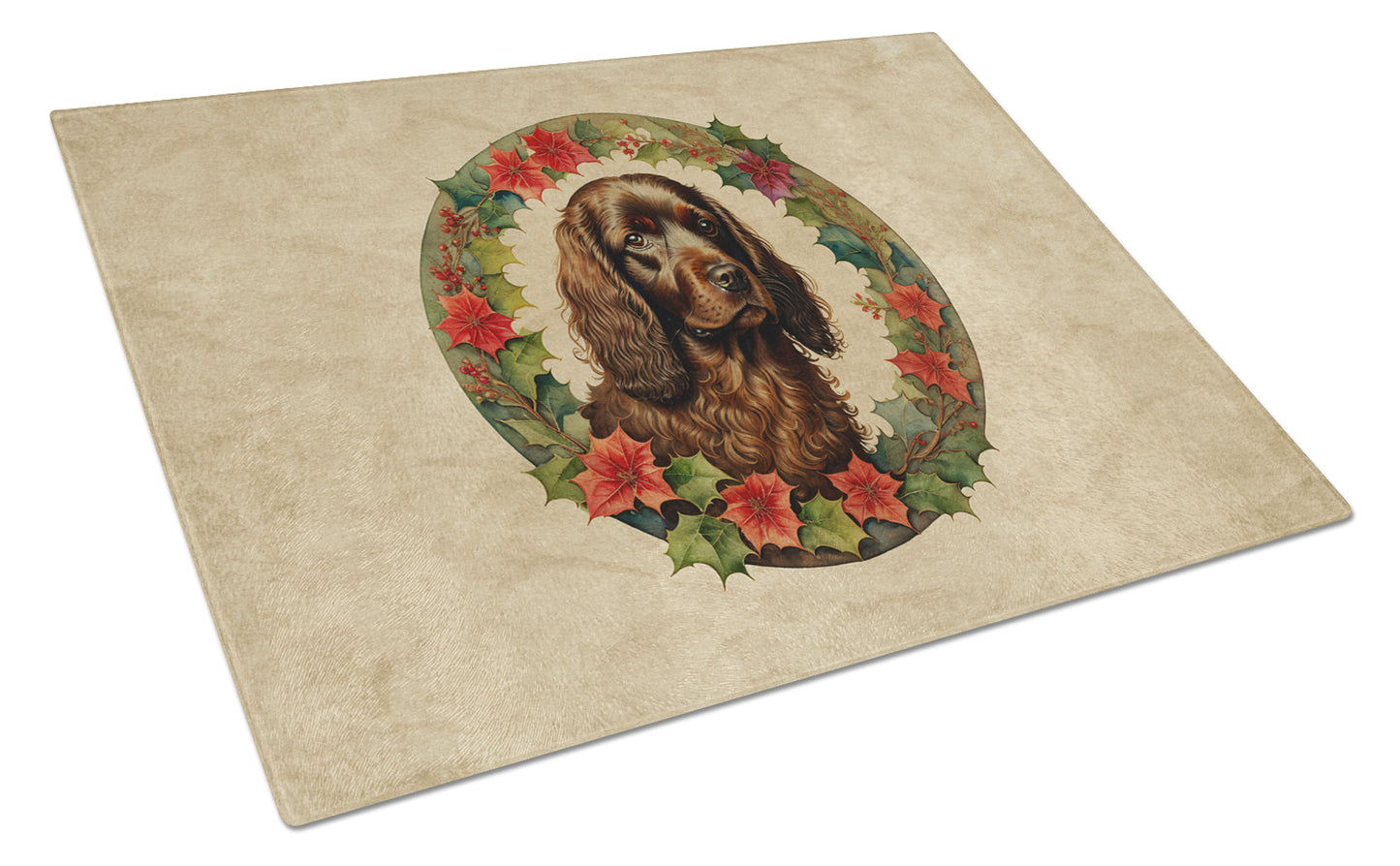 Buy this Boykin Spaniel Christmas Flowers Glass Cutting Board