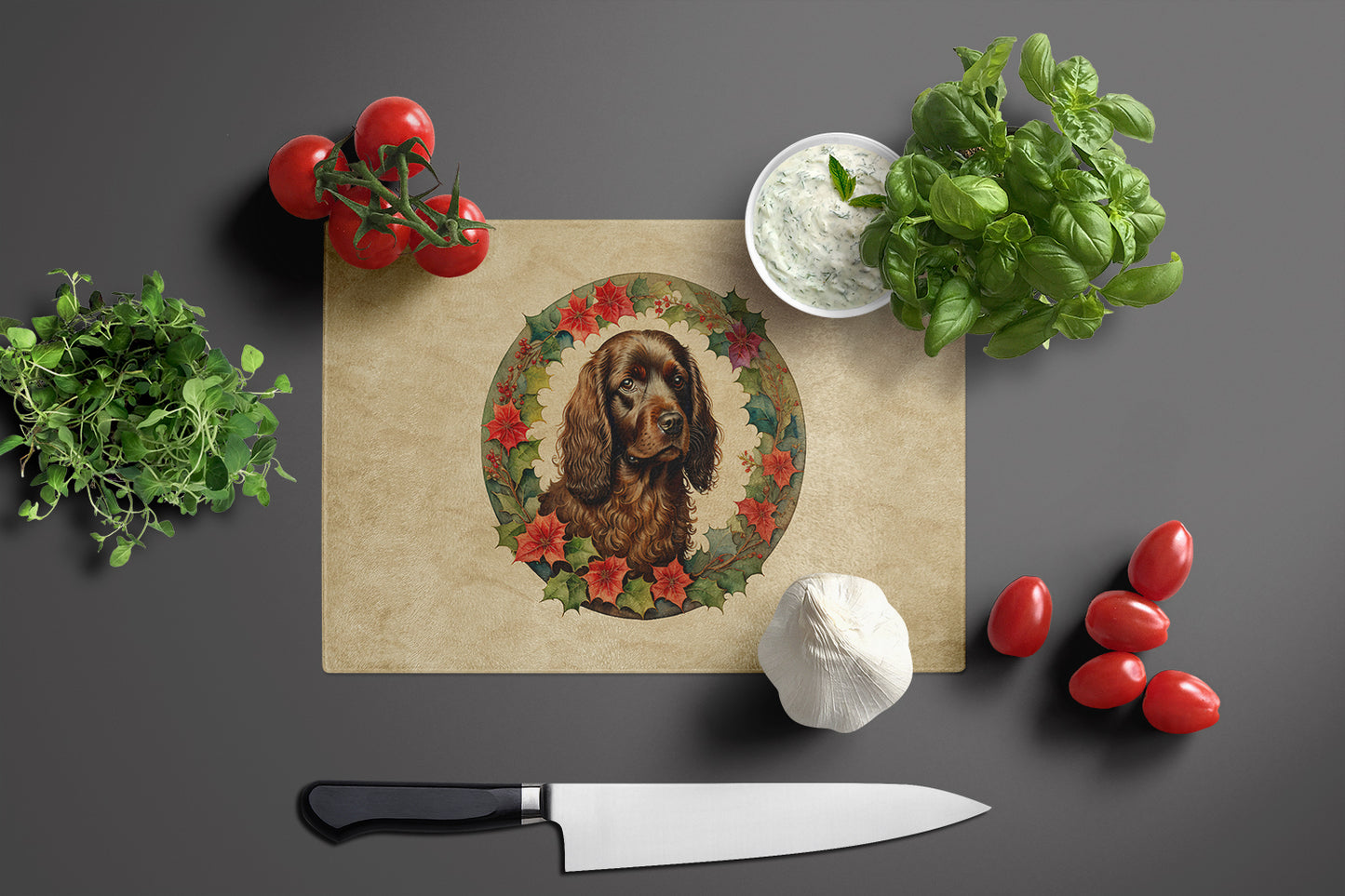 Boykin Spaniel Christmas Flowers Glass Cutting Board