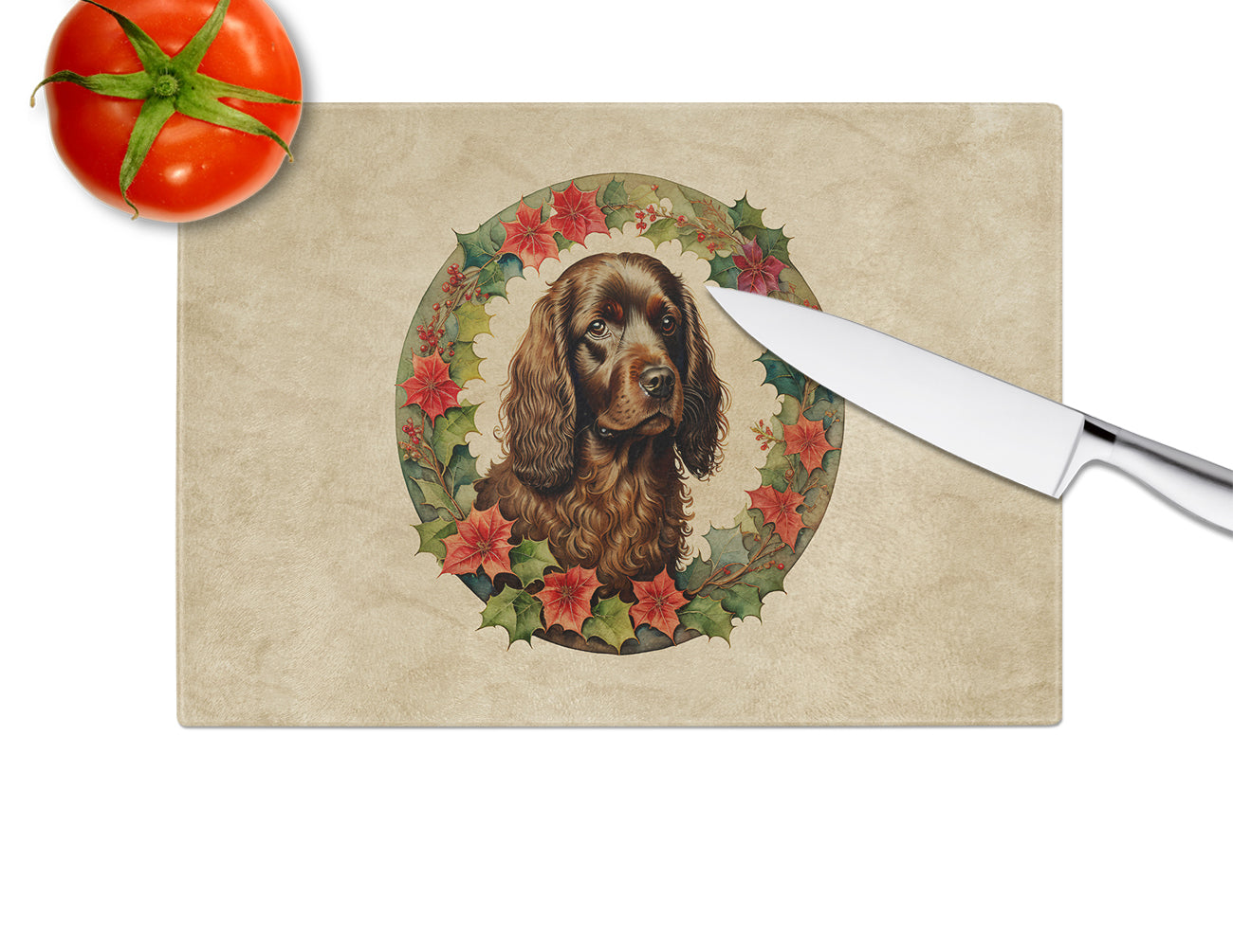 Boykin Spaniel Christmas Flowers Glass Cutting Board