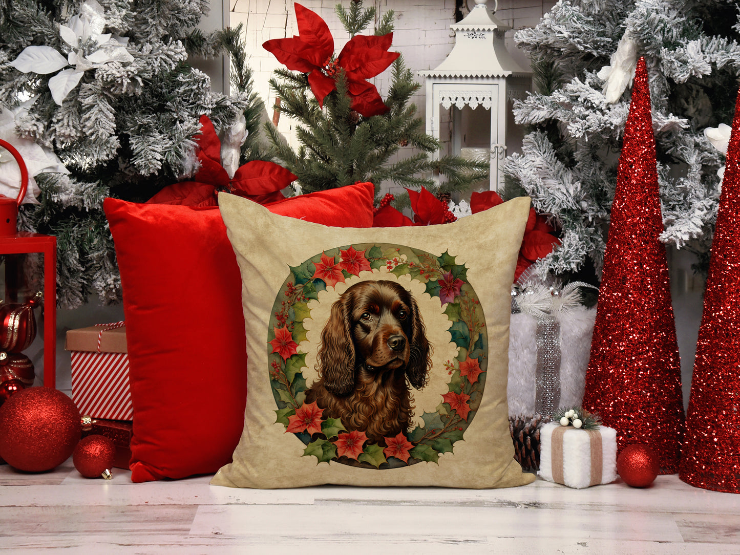 Boykin Spaniel Christmas Flowers Throw Pillow