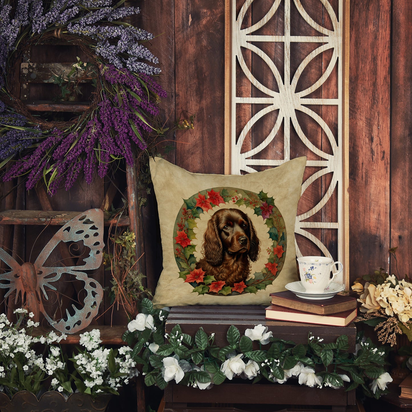 Boykin Spaniel Christmas Flowers Throw Pillow