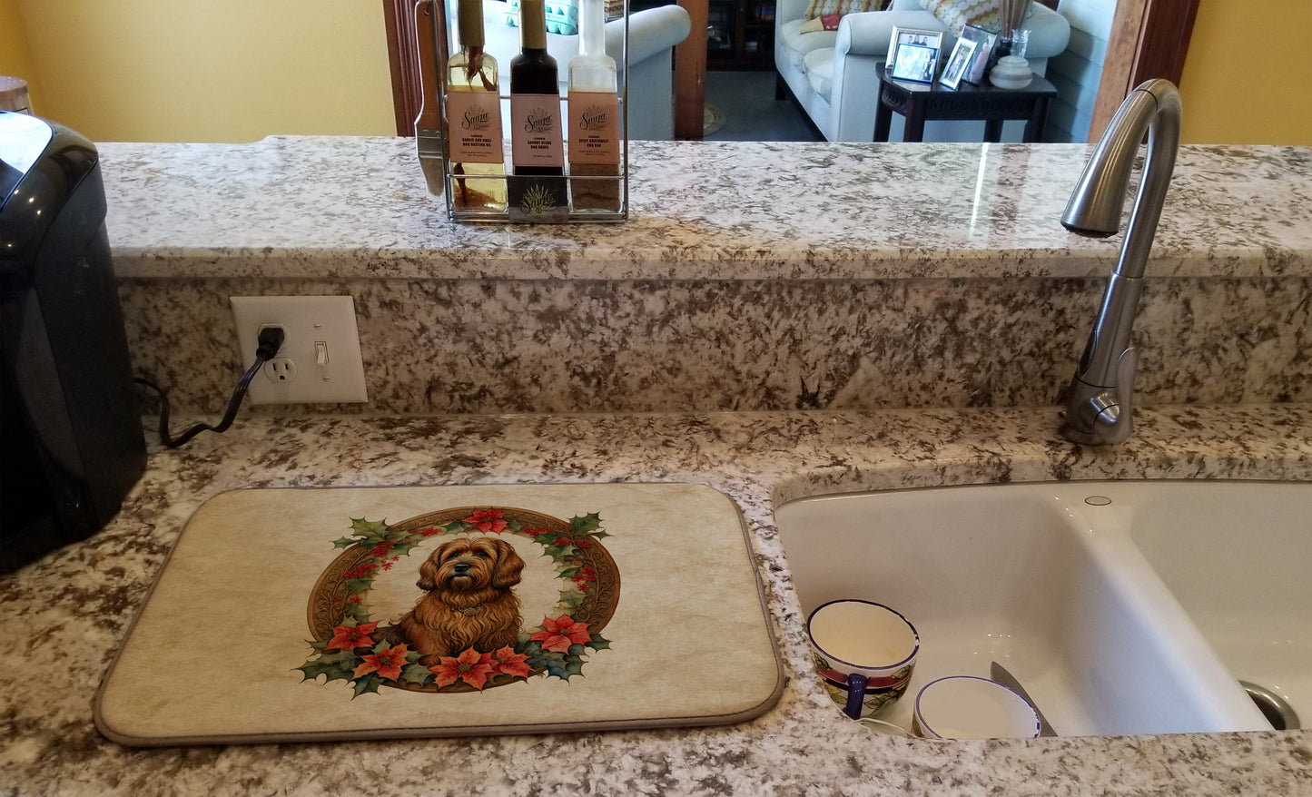 Briard Christmas Flowers Dish Drying Mat