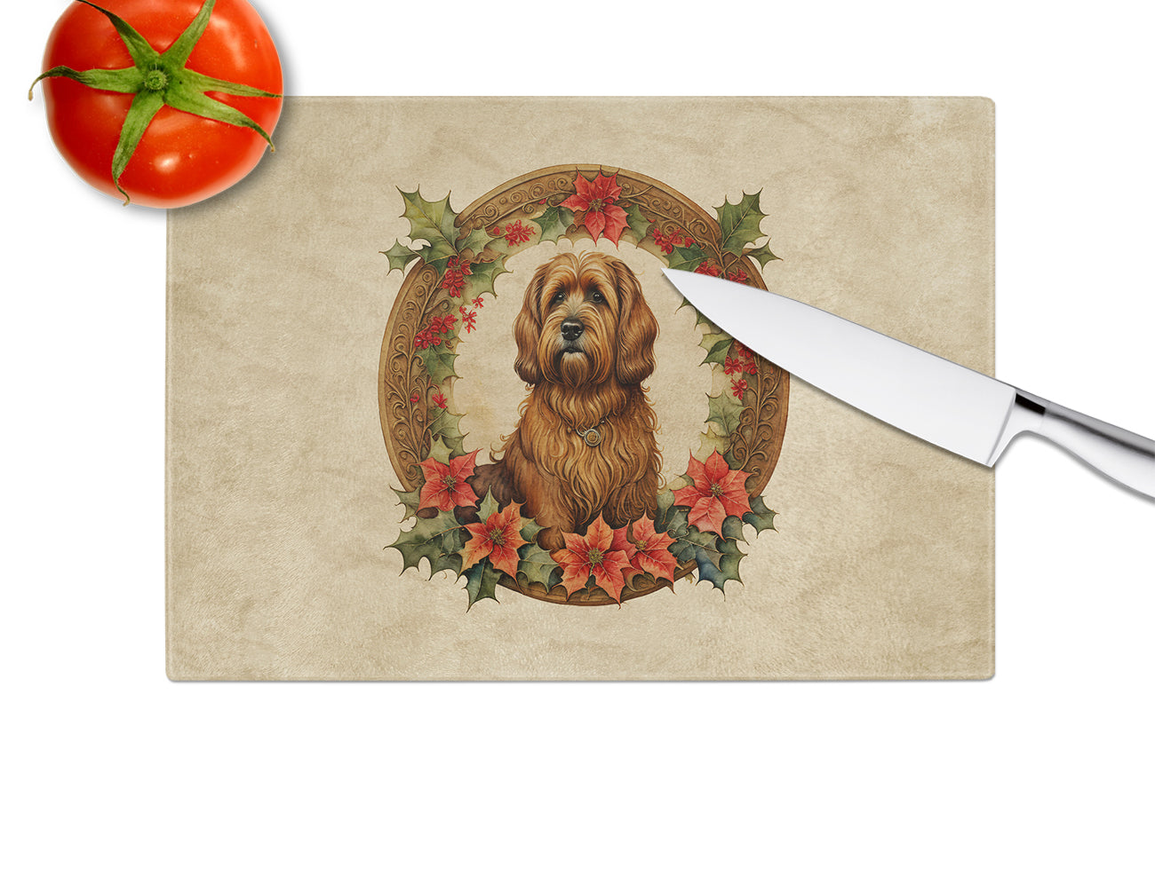 Briard Christmas Flowers Glass Cutting Board