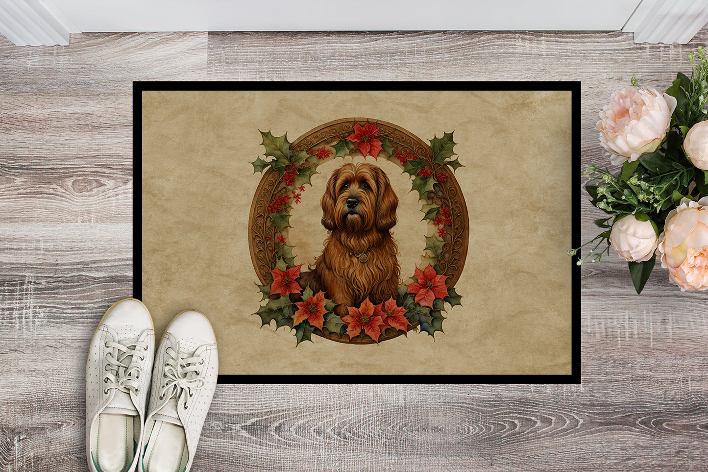 Briard Christmas Flowers Doormat