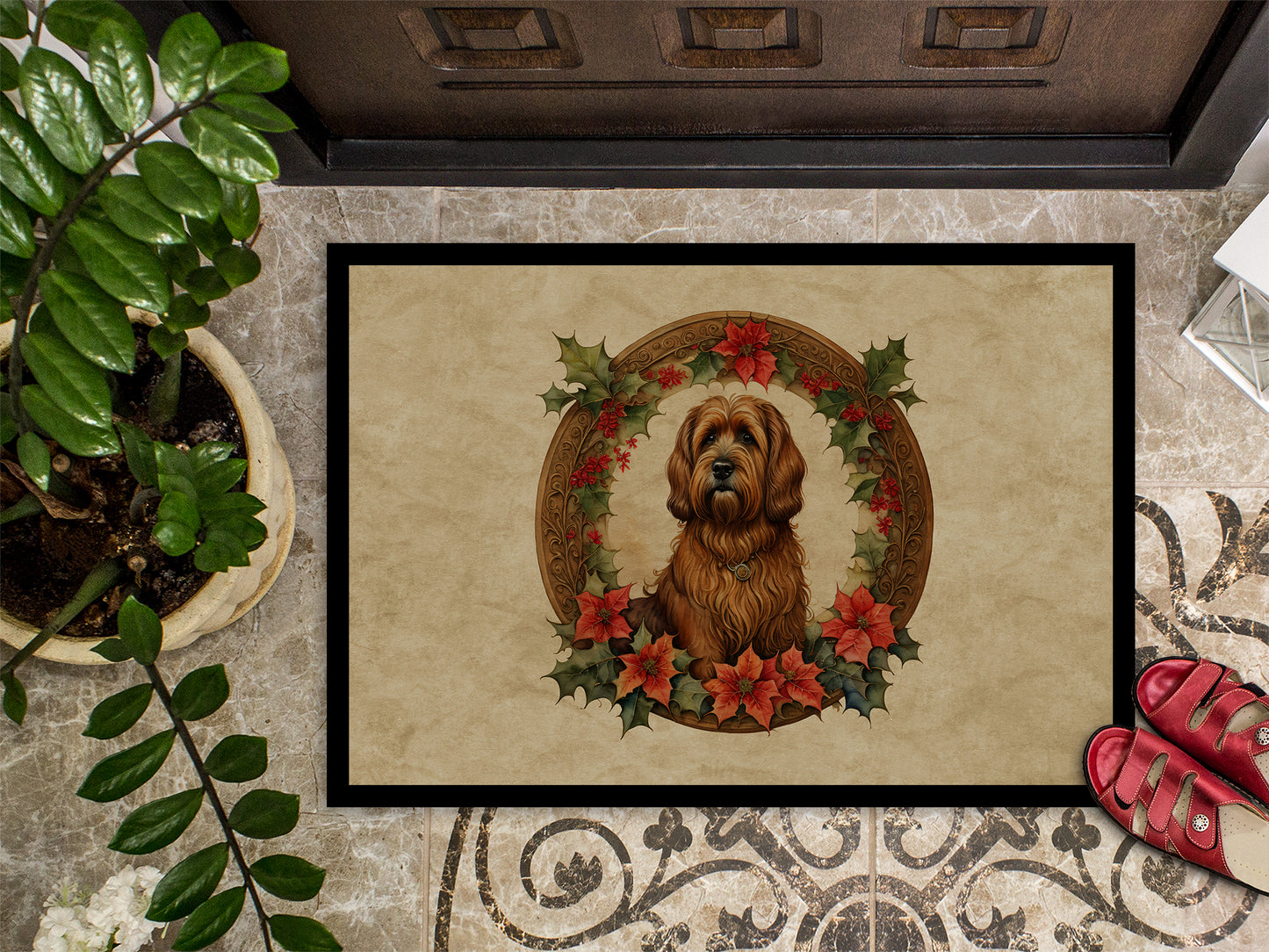 Briard Christmas Flowers Doormat