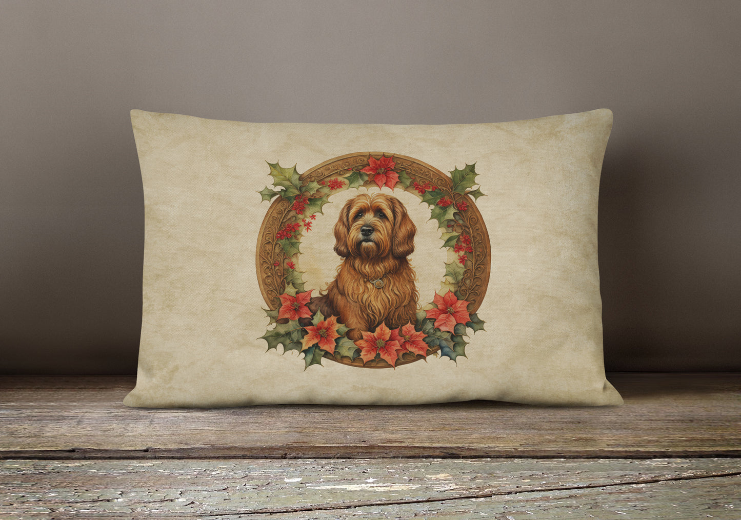 Briard Christmas Flowers Throw Pillow