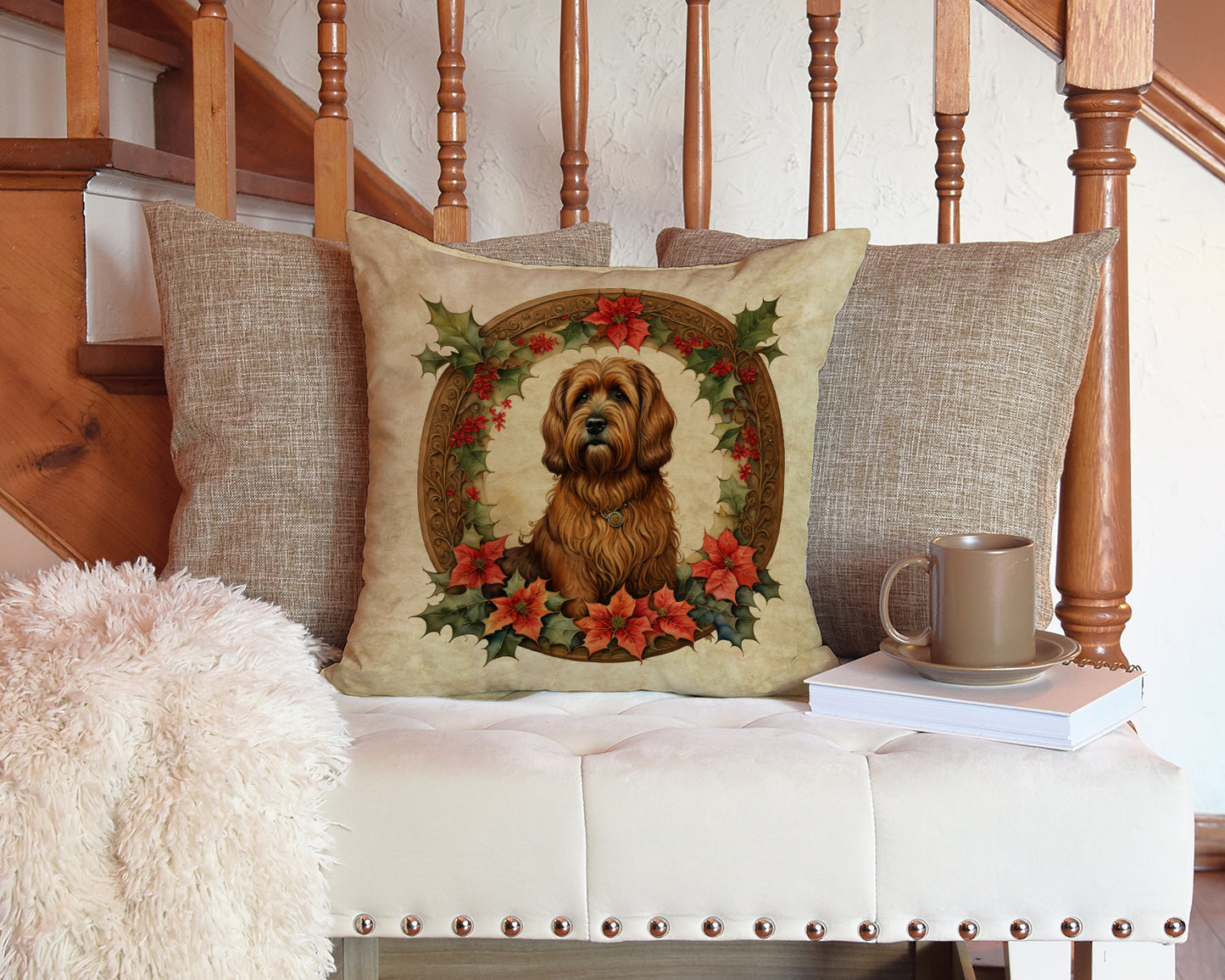 Briard Christmas Flowers Throw Pillow