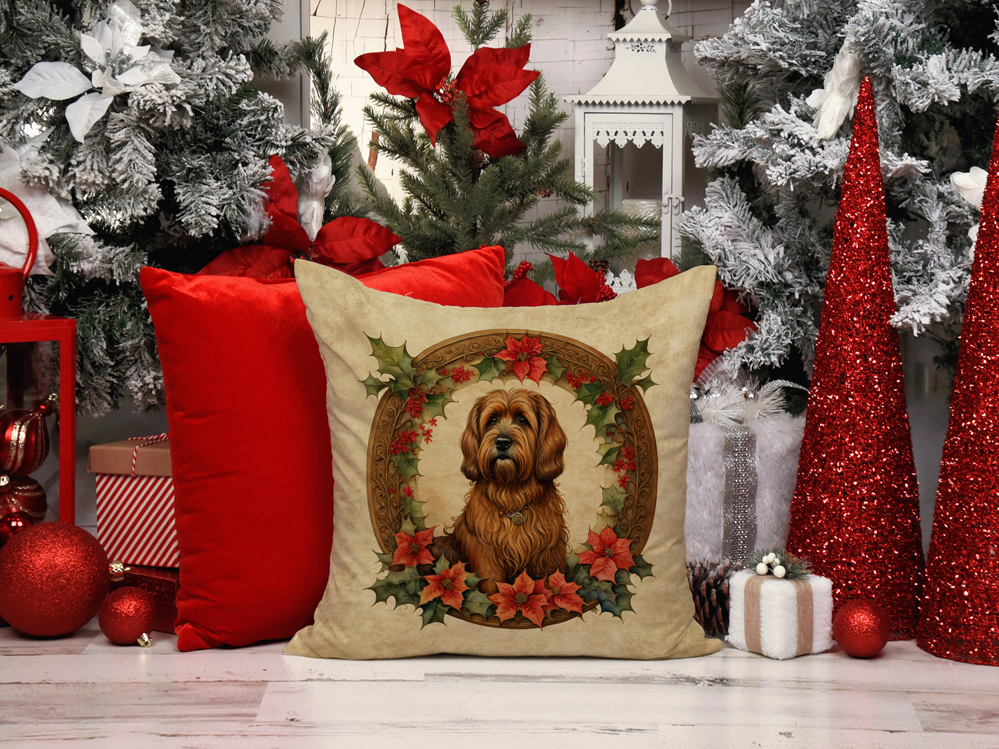 Briard Christmas Flowers Throw Pillow