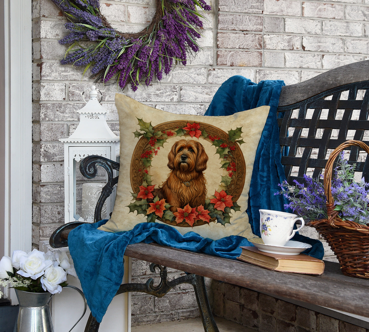 Briard Christmas Flowers Throw Pillow