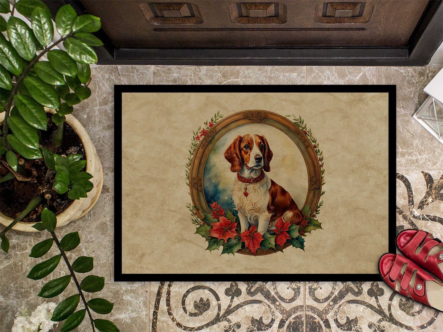 Brittany Spaniel Christmas Flowers Doormat