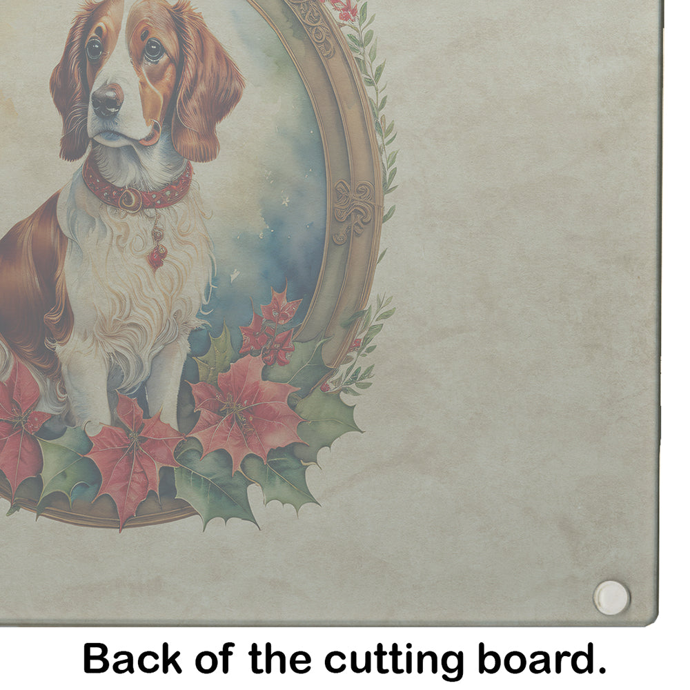 Brittany Spaniel Christmas Flowers Glass Cutting Board