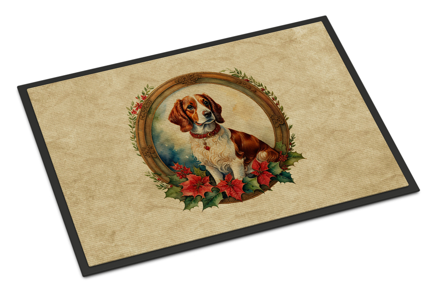 Buy this Brittany Spaniel Christmas Flowers Doormat