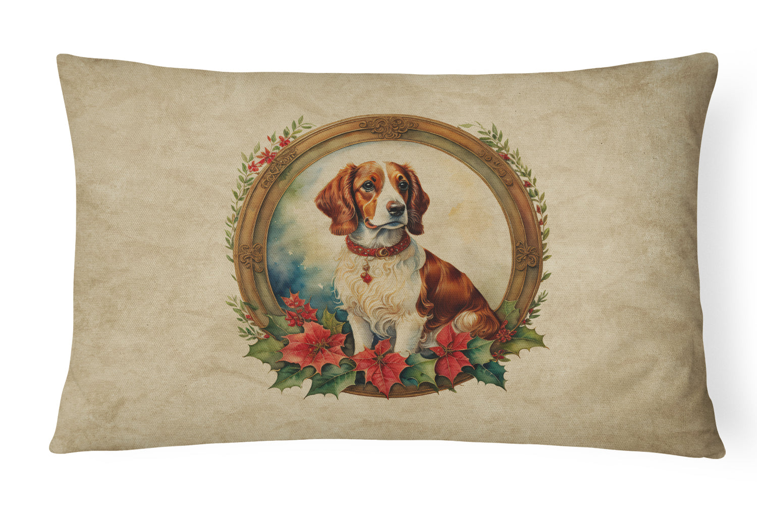 Buy this Brittany Spaniel Christmas Flowers Throw Pillow