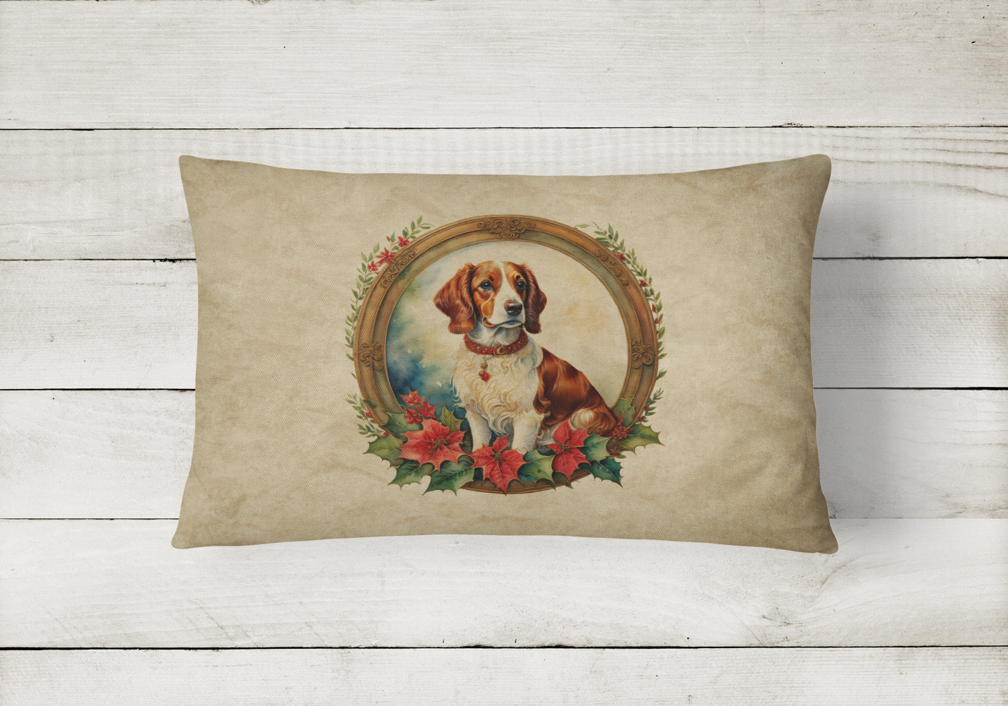 Brittany Spaniel Christmas Flowers Throw Pillow