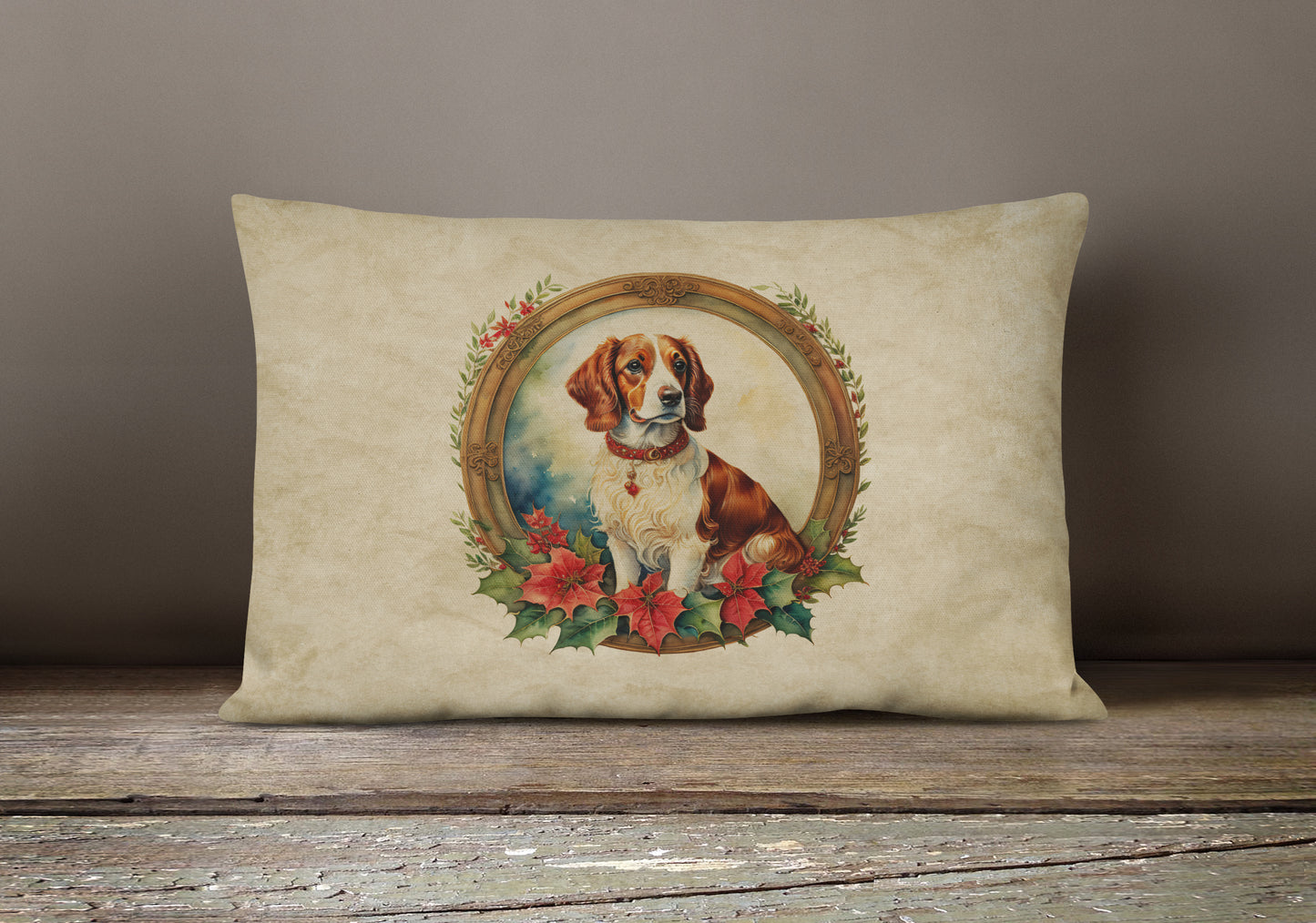 Brittany Spaniel Christmas Flowers Throw Pillow