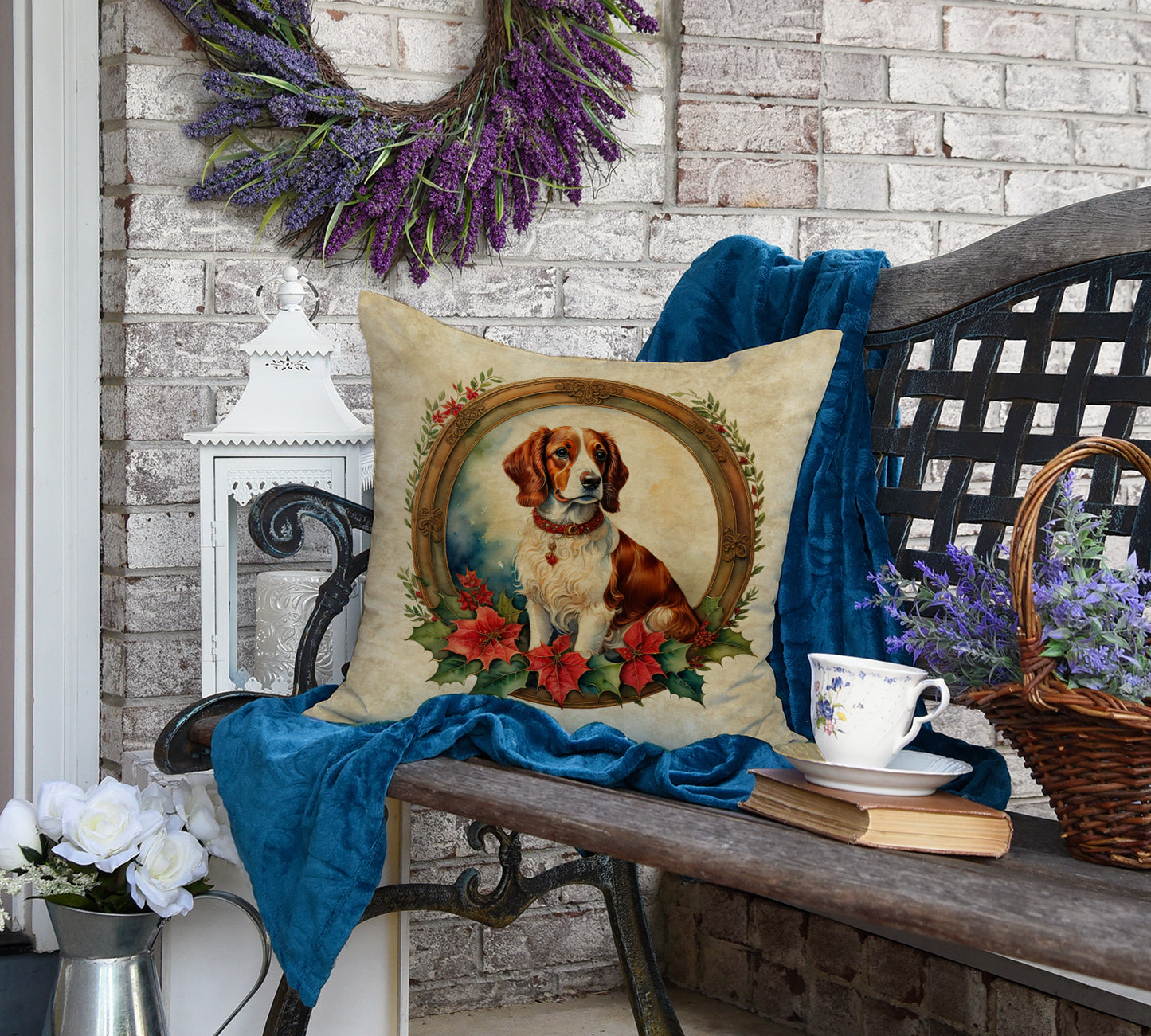 Brittany Spaniel Christmas Flowers Throw Pillow