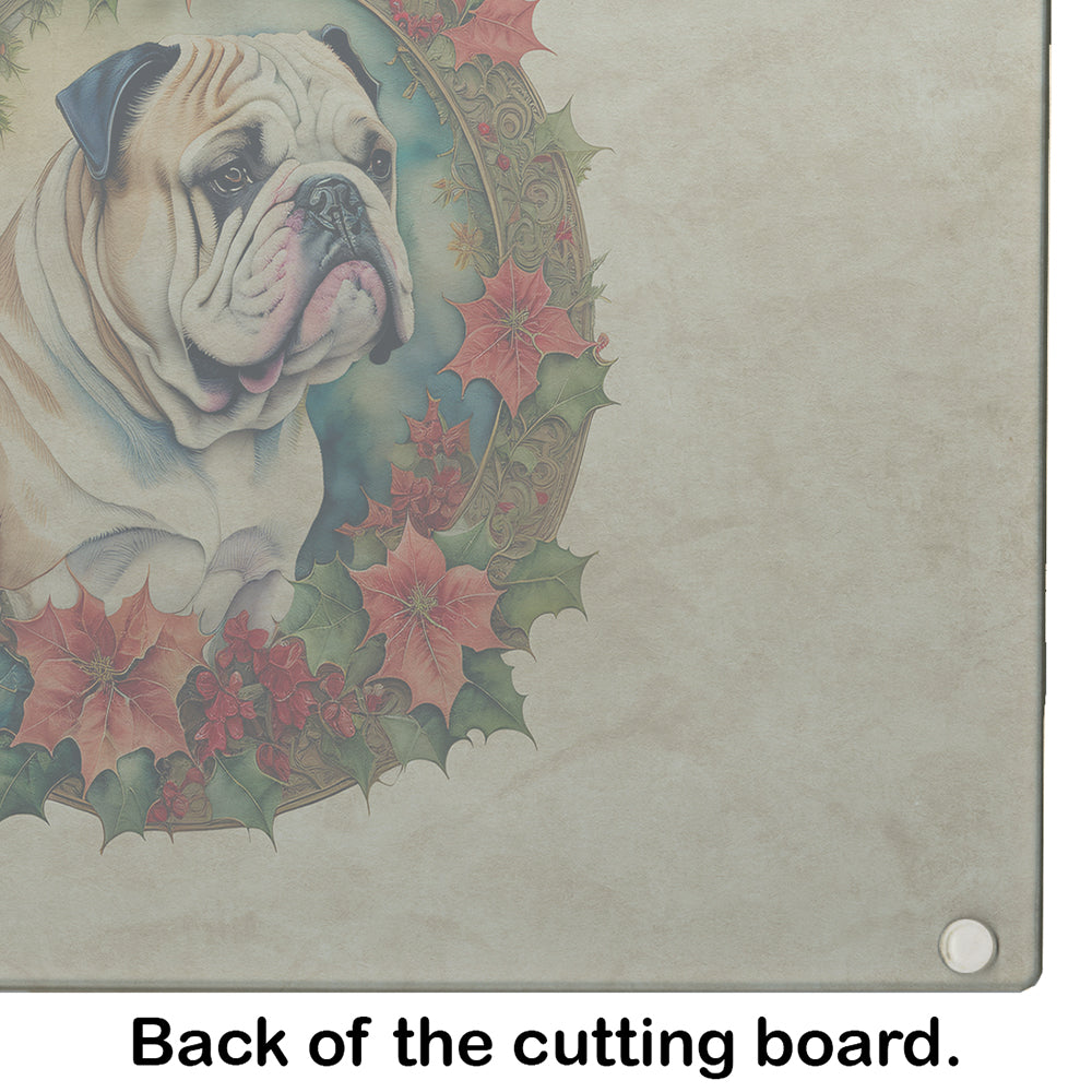 English Bulldog Christmas Flowers Glass Cutting Board