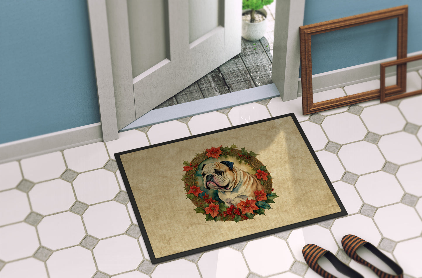 English Bulldog Christmas Flowers Doormat