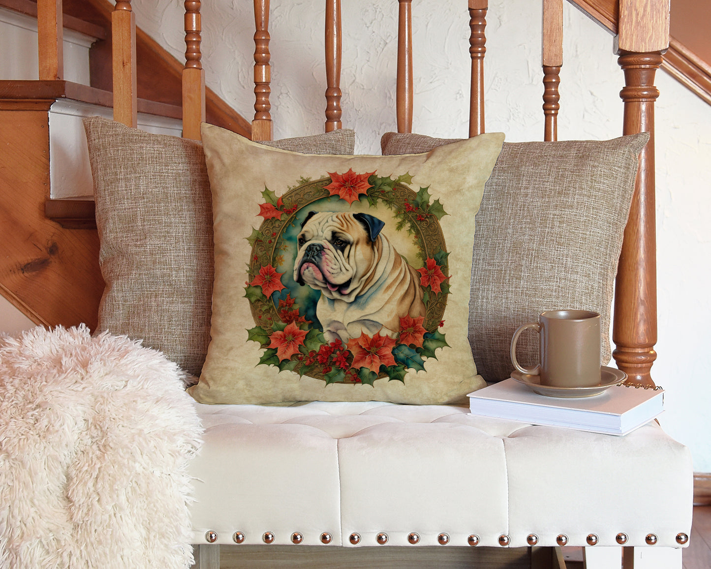 English Bulldog Christmas Flowers Throw Pillow