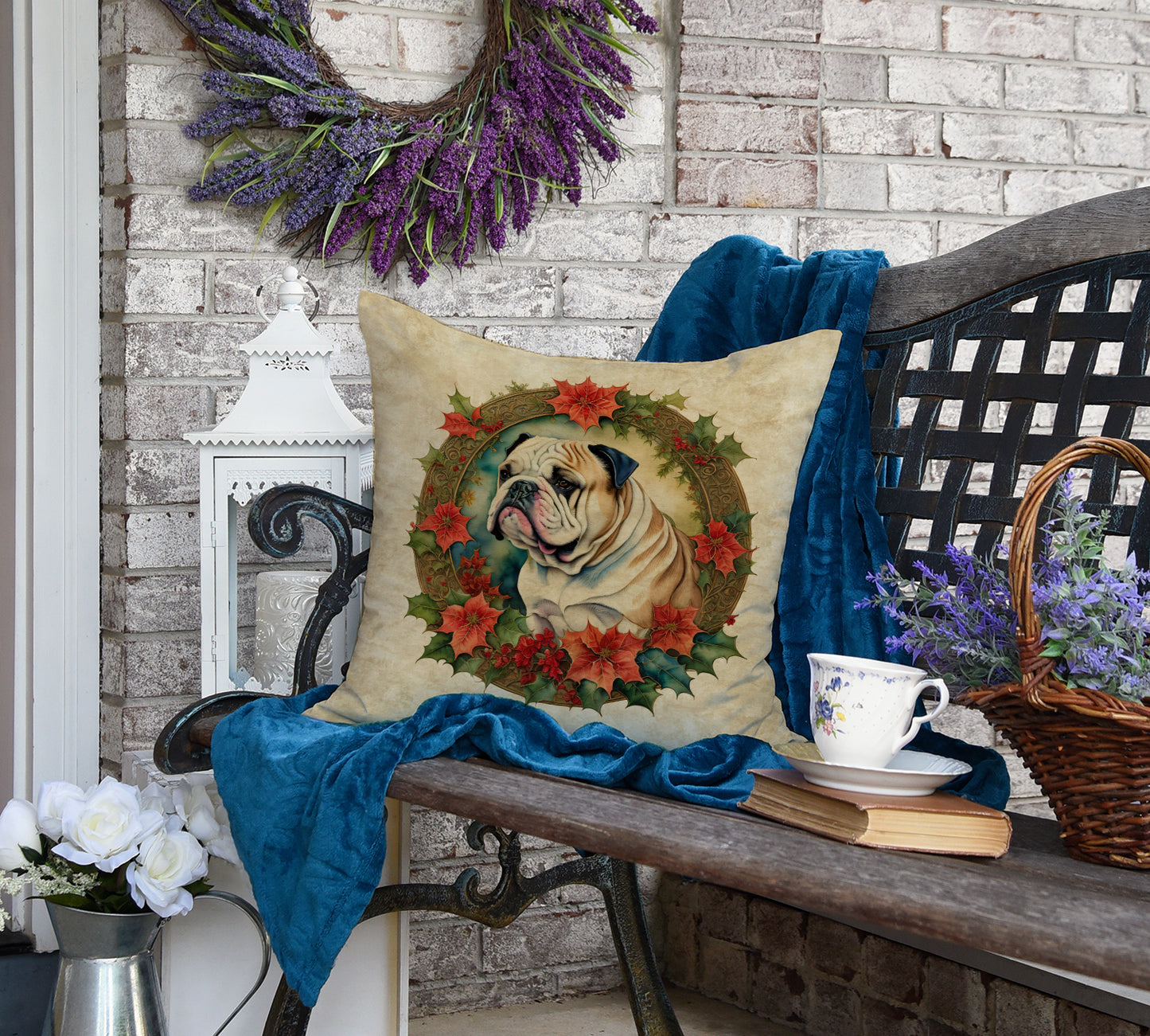 English Bulldog Christmas Flowers Throw Pillow