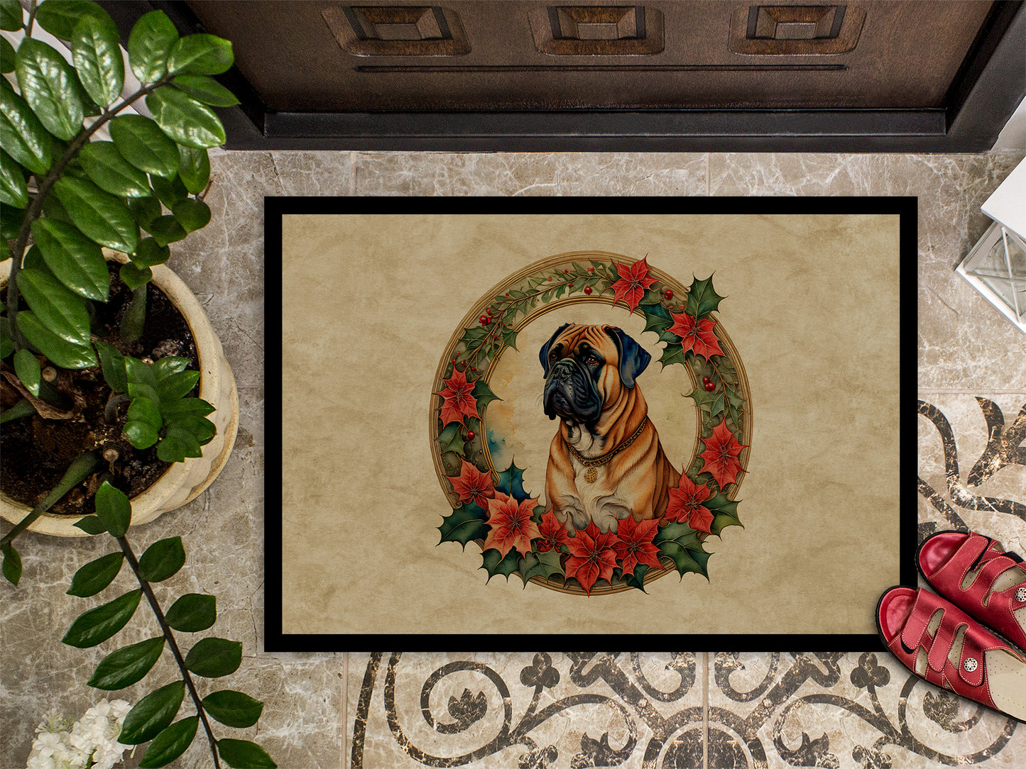 Bullmastiff Christmas Flowers Doormat